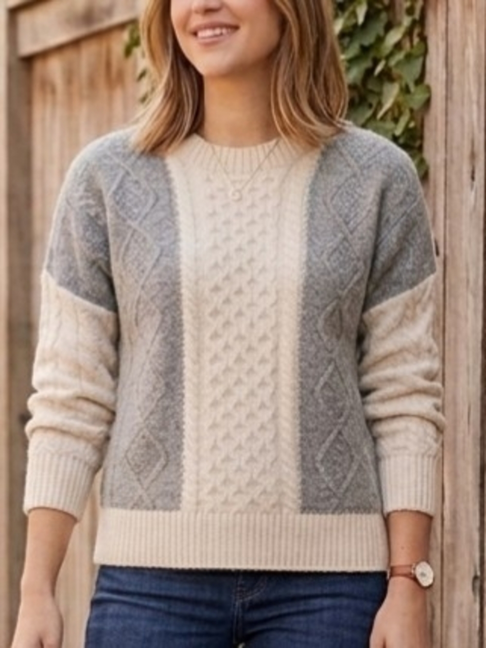 NWT Joie Cable Knit Colorblock Sweater Womens Large Cream Grey Wool Blend Pullov